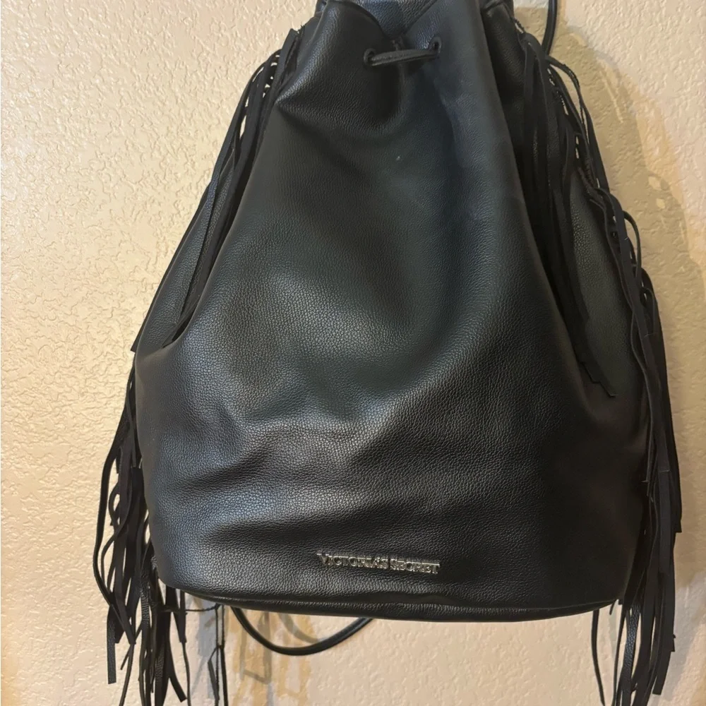 Victoria's Secret Backpack Tote Limited Edition Black Fringe Faux Leather